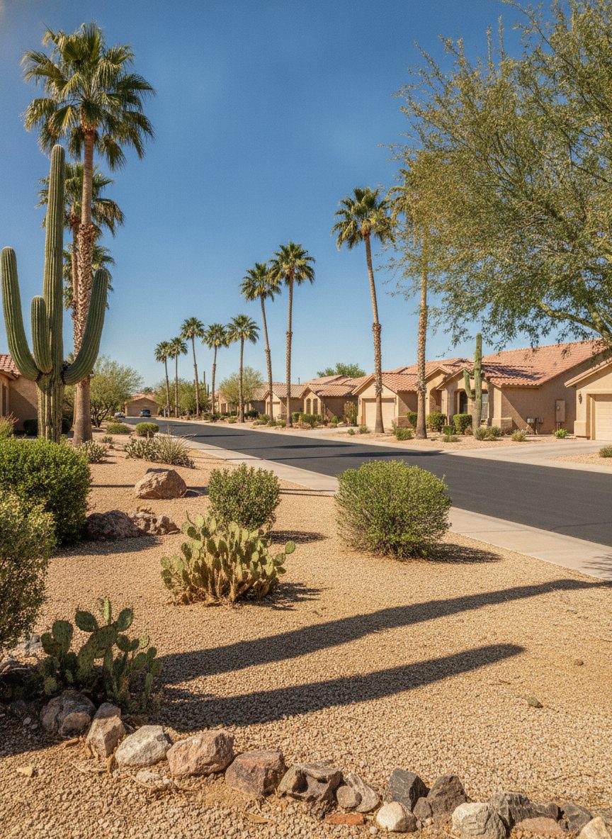 Sunlit street of stucco homes with tile roofs and palm trees in a Surprise Arizona neighborhood