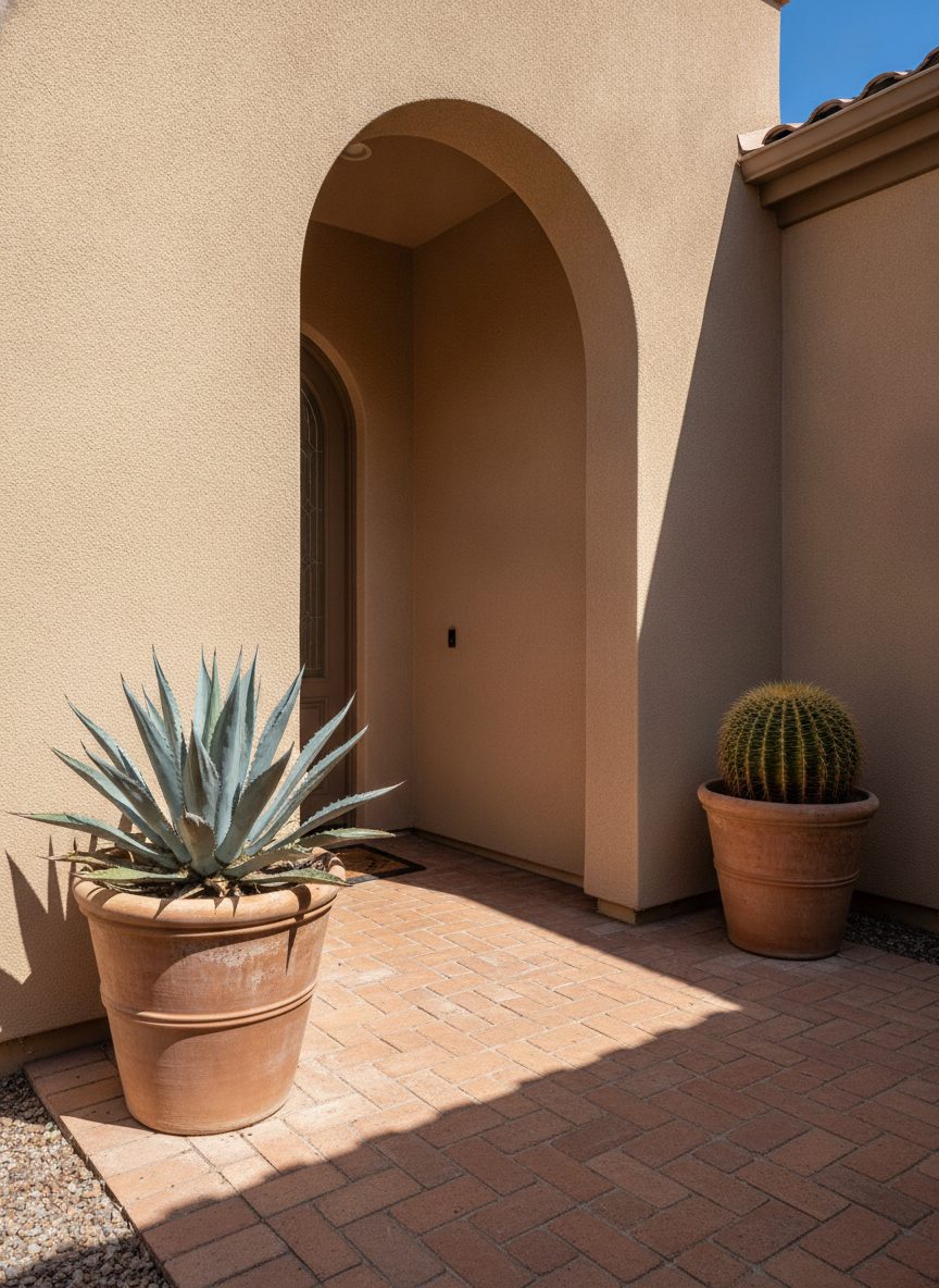 Warm stucco desert home entry with potted agave and terracotta tile in bright Arizona sun