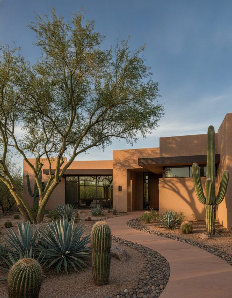 Modern Sonoran desert home exterior with warm stucco and saguaro cactus