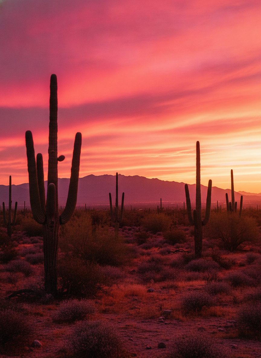 Sonoran desert sunset with saguaro silhouettes and a magenta and coral sky
